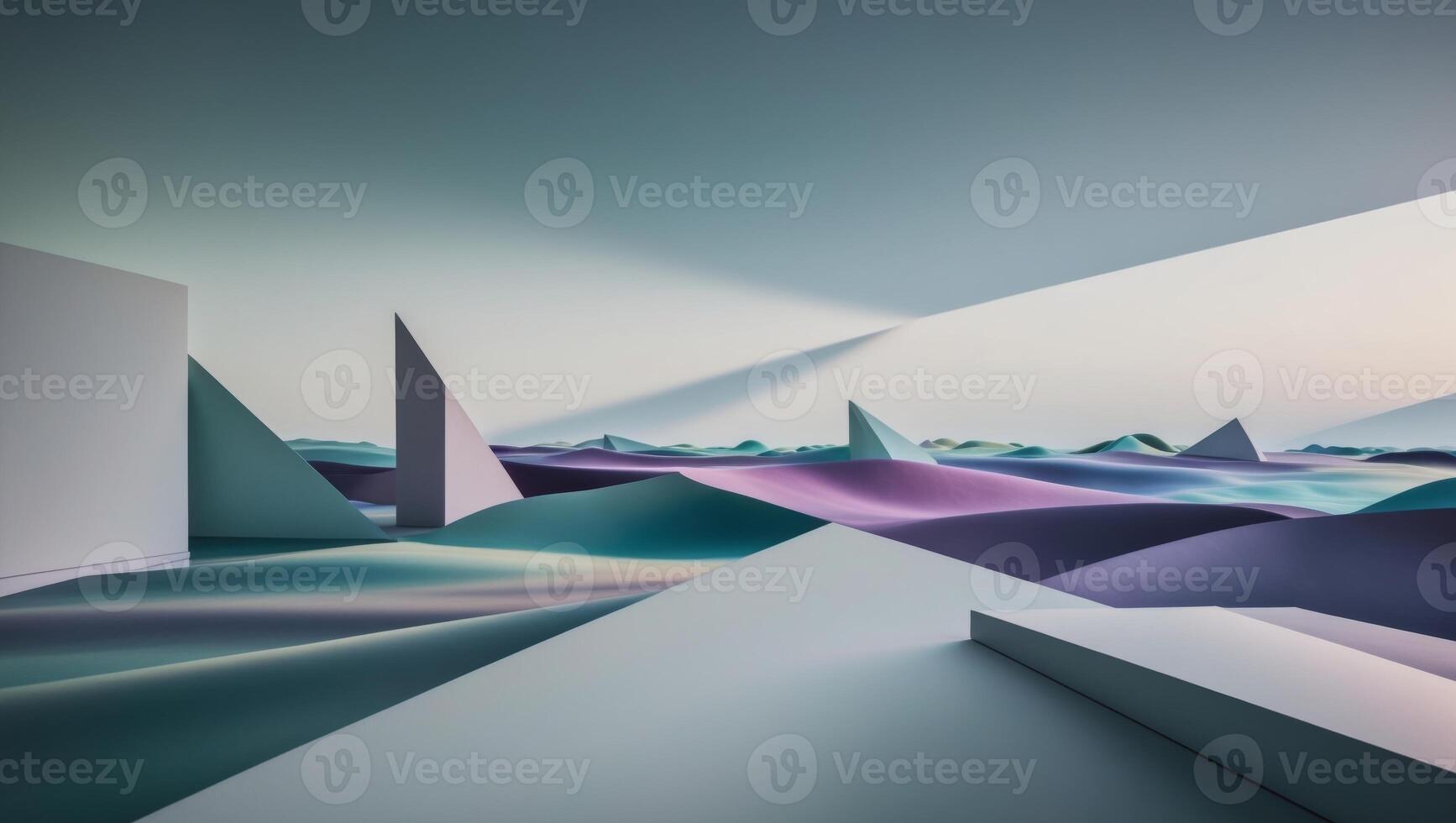 A 3d rendering of a desert landscape with mountains and a sky photo