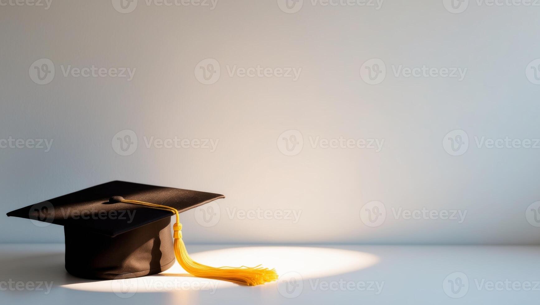 A graduation cap sits on a table in front of a white wall photo