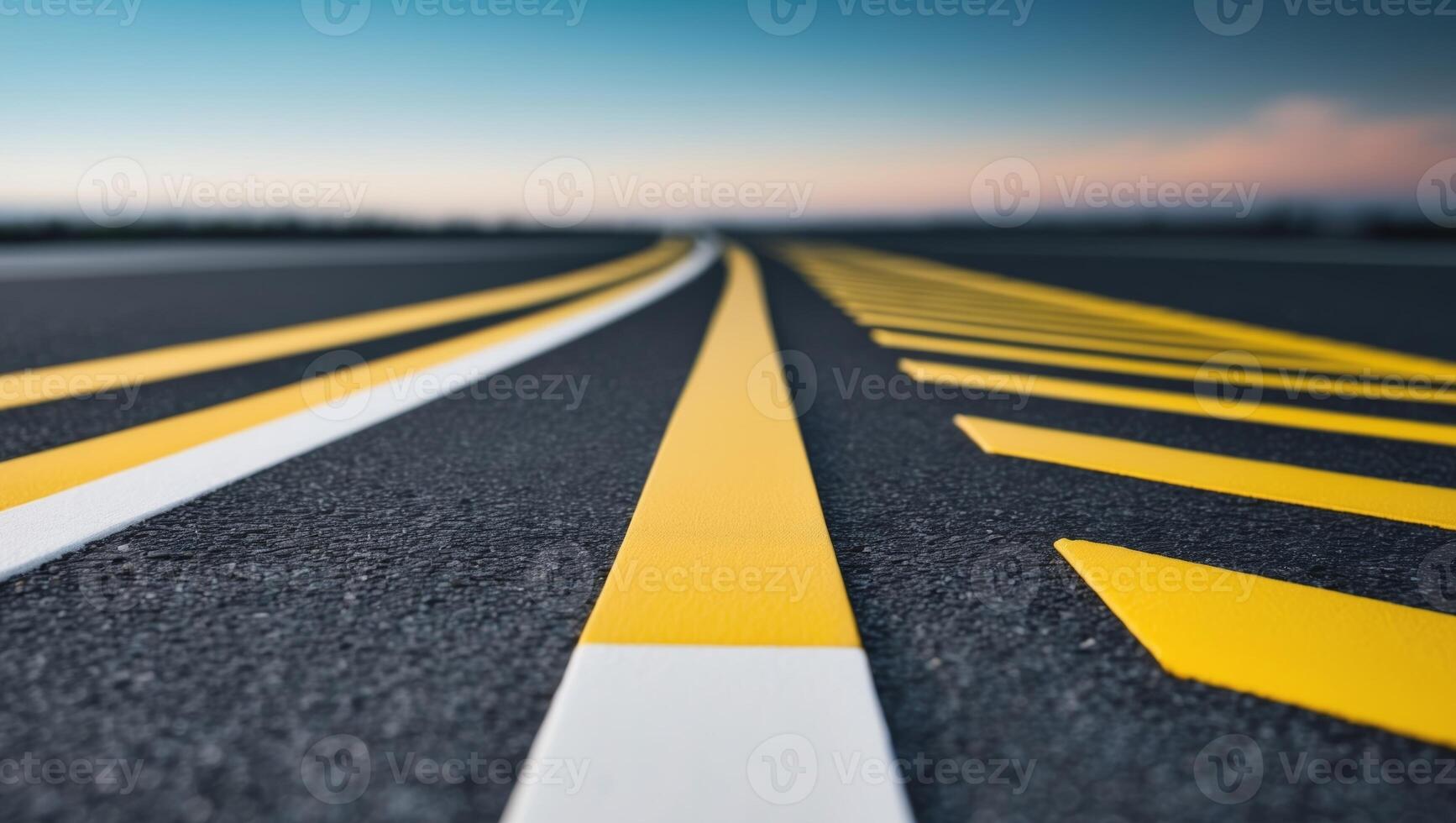 A road with yellow lines and white lines photo
