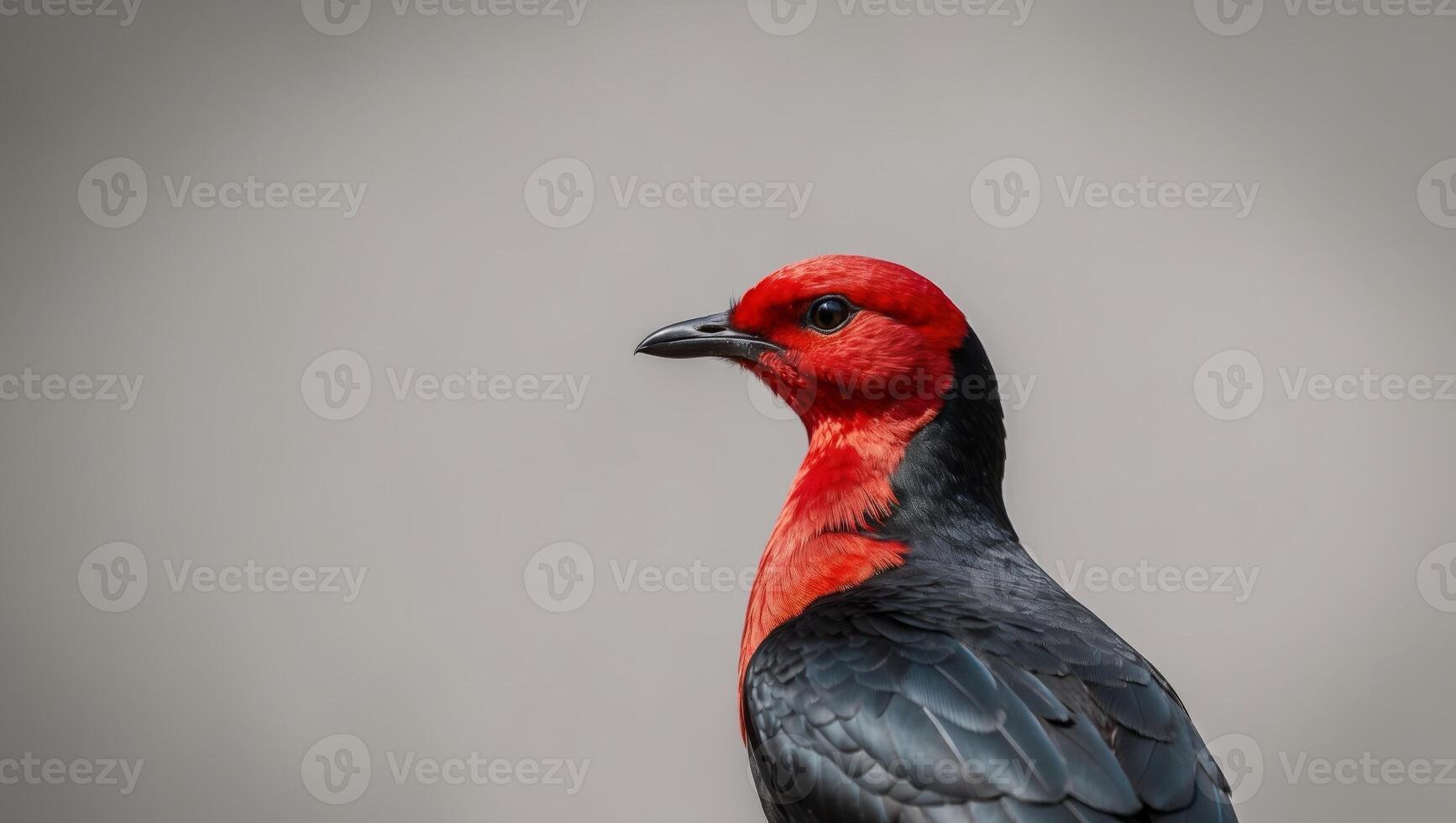 A red and black bird with a gray background photo