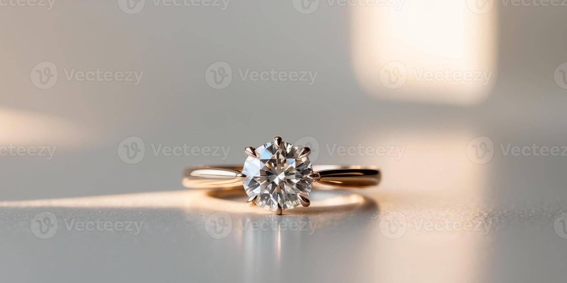 A diamond engagement ring on a white surface photo