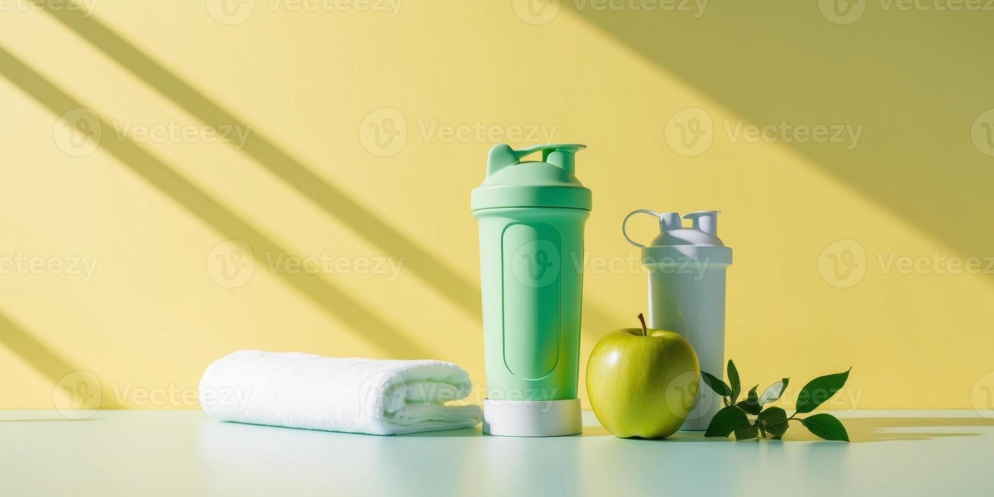 Green and white shaker bottles with towels and apple on yellow background photo