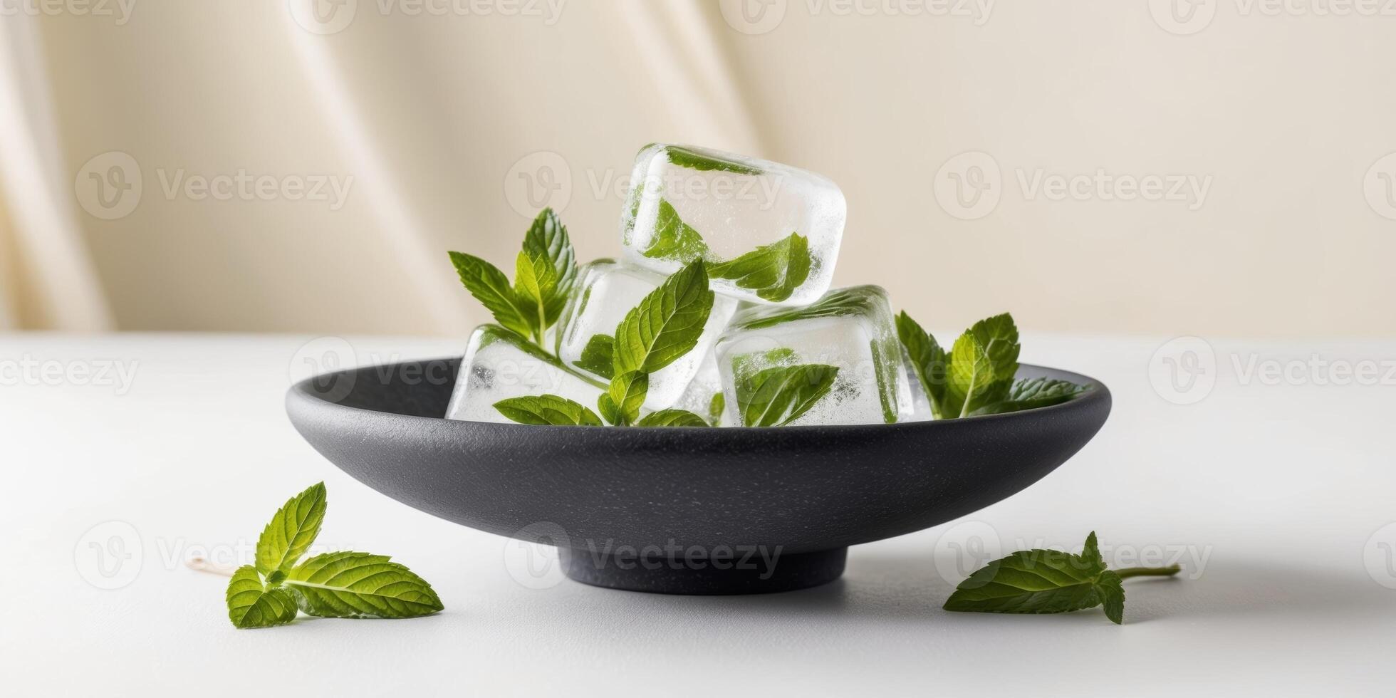 Ice cubes in a black bowl with mint leaves photo