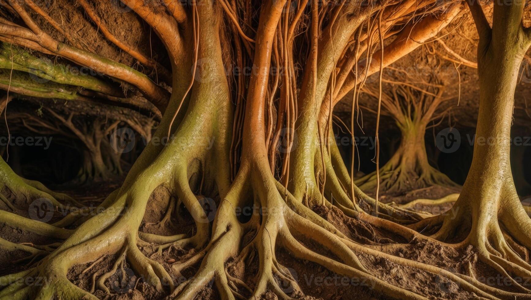 The roots of a tree are growing in a cave photo