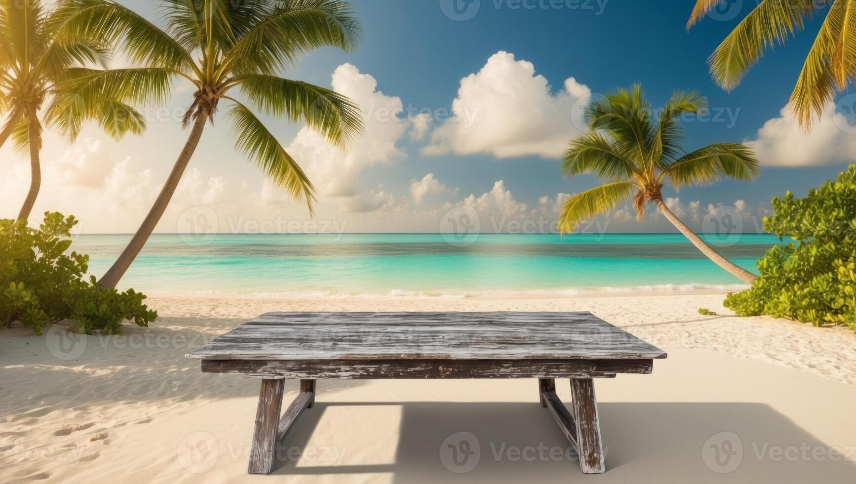 Wooden table on the beach with palm trees photo
