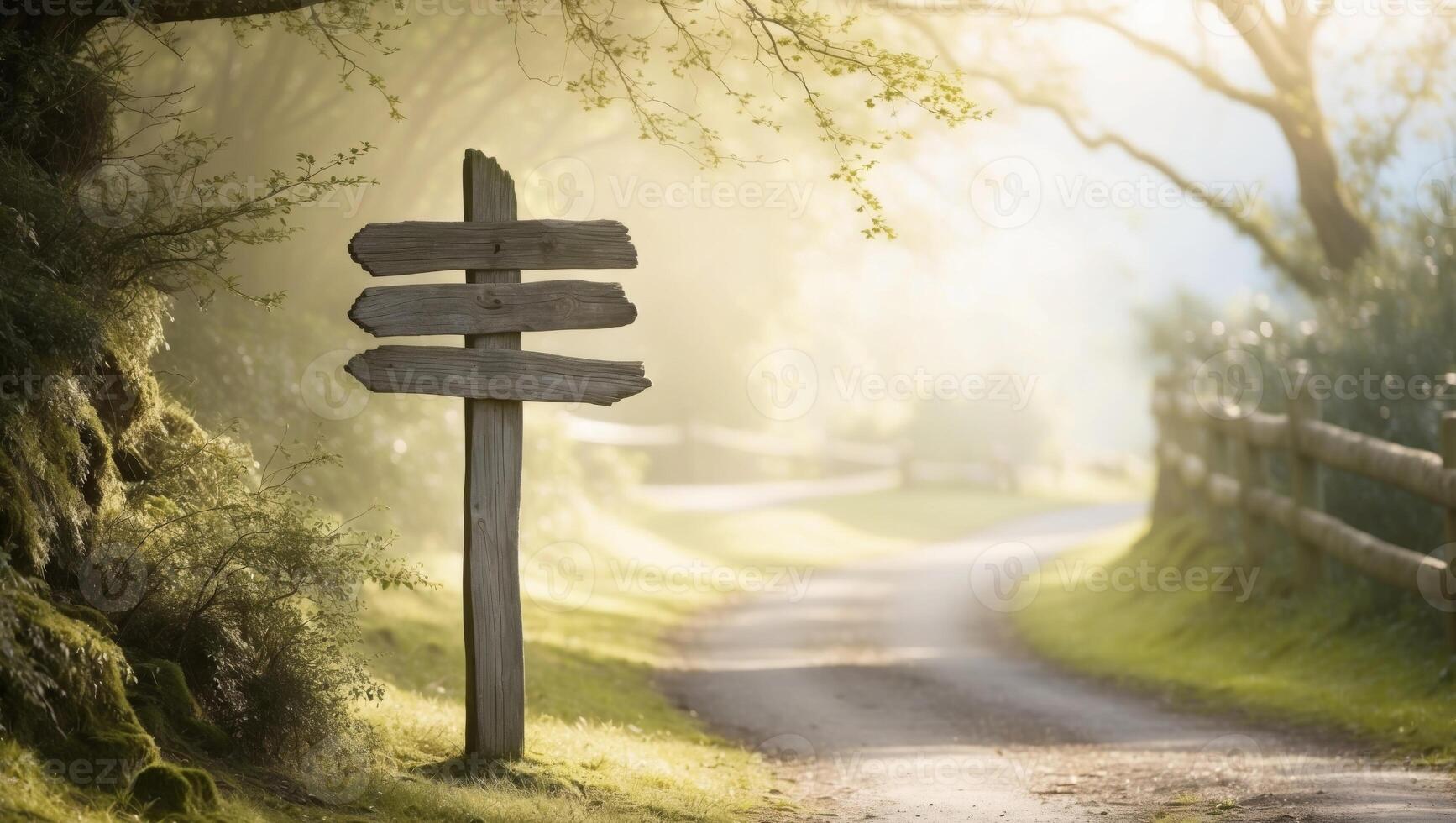 A wooden sign pointing to the direction of a road photo