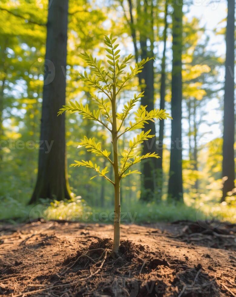 A young tree growing in the middle of a forest photo