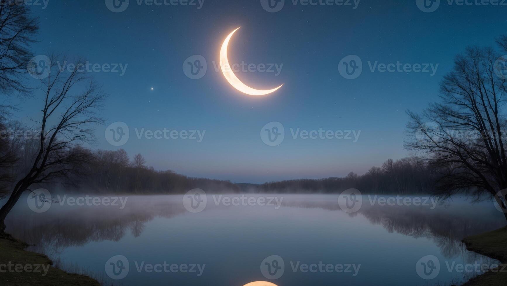 The moon and crescent are reflected in a lake photo