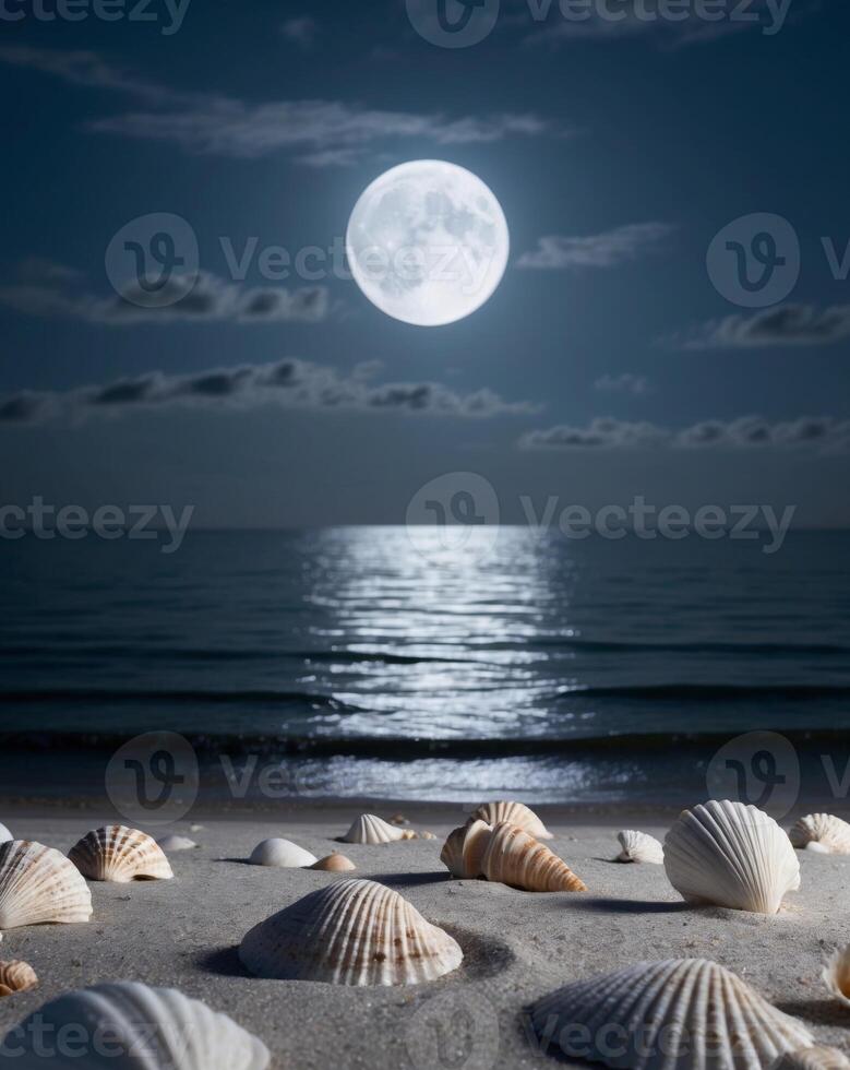 Seashells on the beach at night with a full moon photo