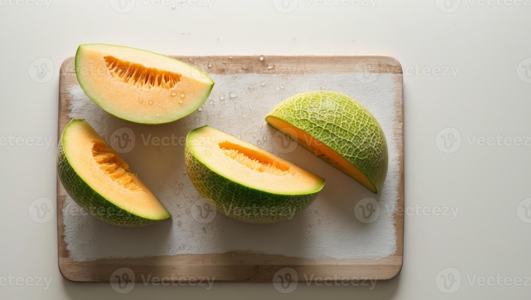 Three pieces of cantaloupe are cut into slices on a cutting board photo