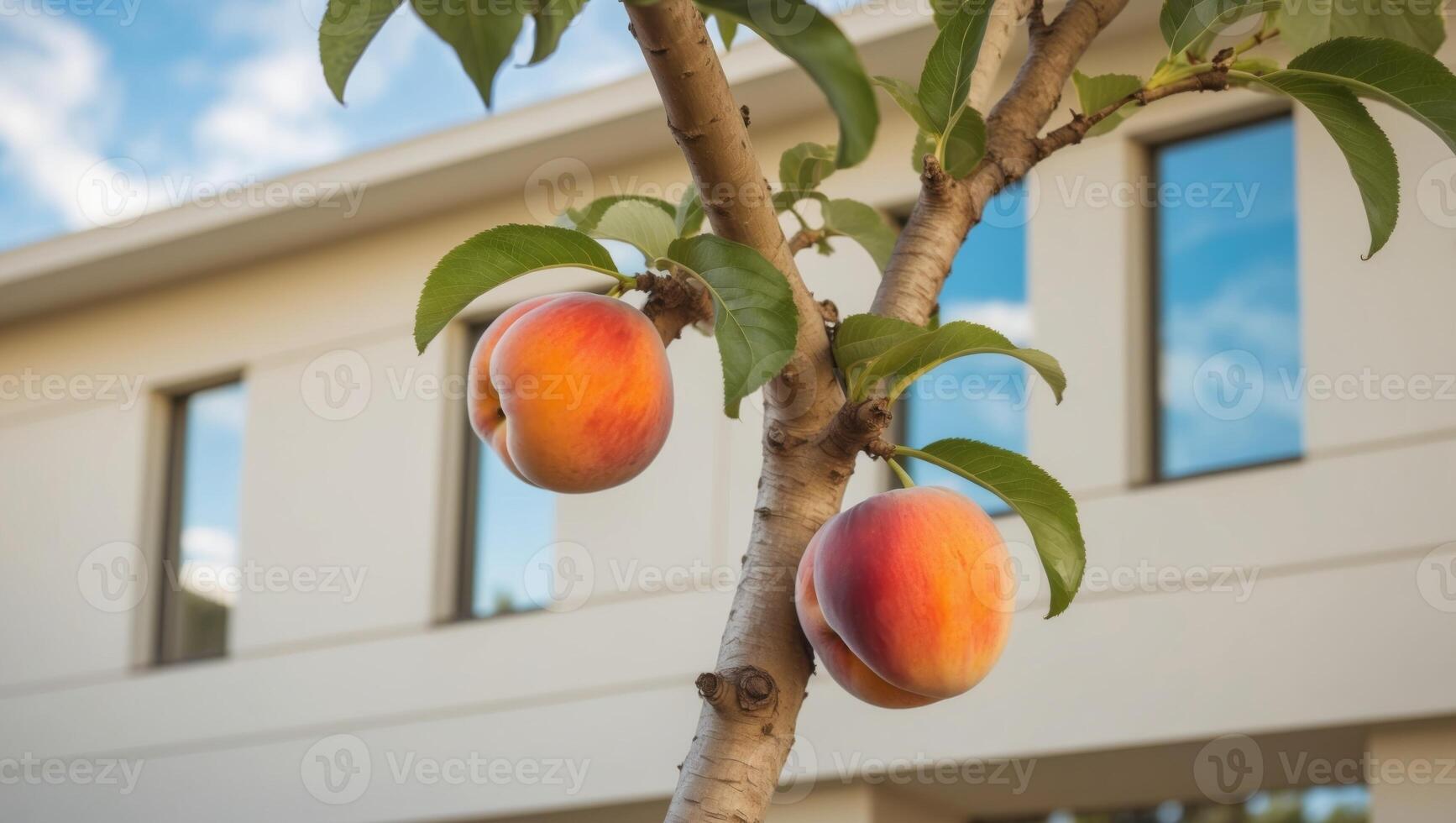 Peaches on a tree in front of a building photo