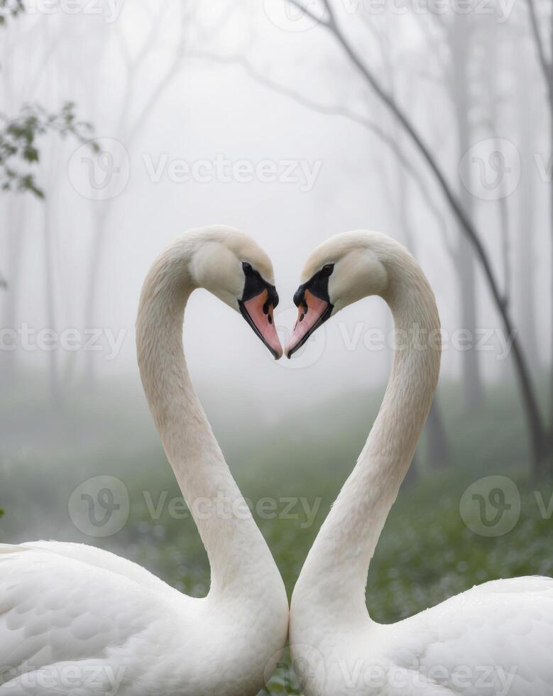 Two swans making a heart shape in the fog photo