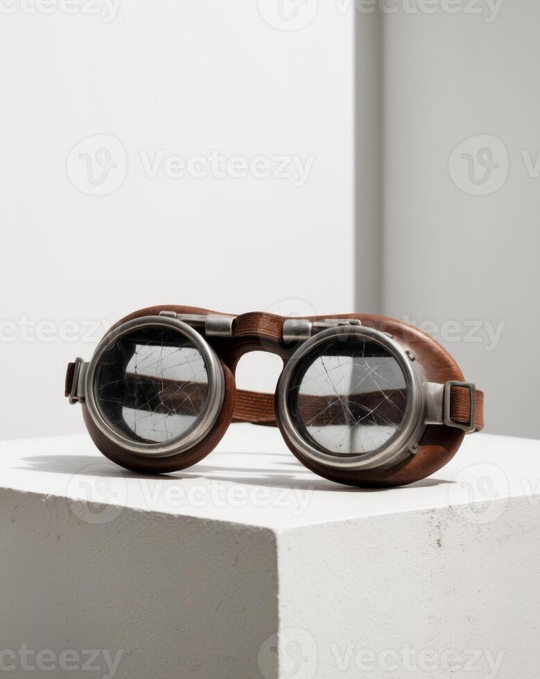 A pair of goggles sitting on top of a white block photo