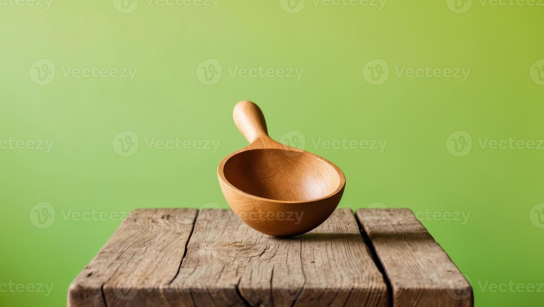 A wooden spoon on a wooden table with a green background photo