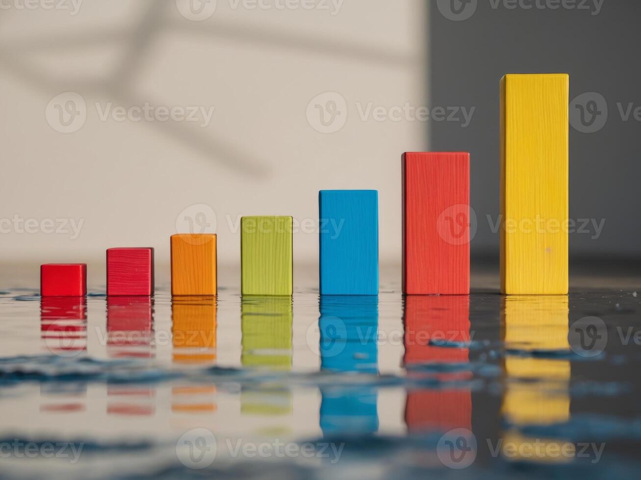 A row of colorful wooden blocks with a reflection of a building photo