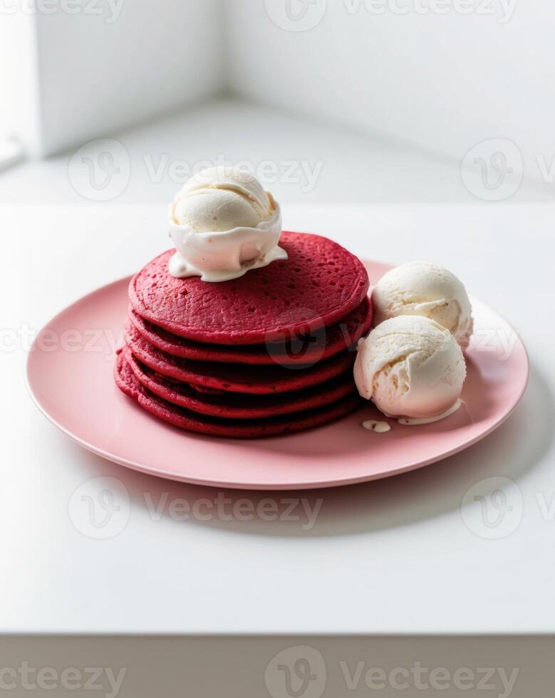 A stack of red velvet pancakes with ice cream on top photo
