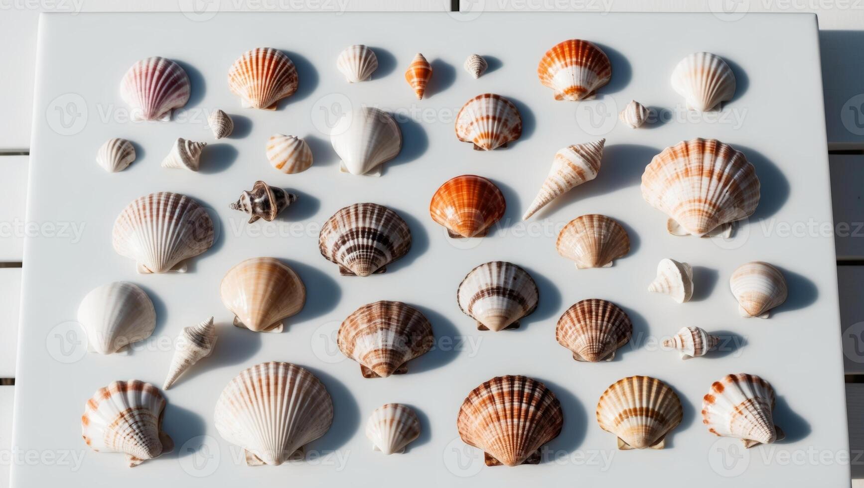 A collection of sea shells on a white surface photo