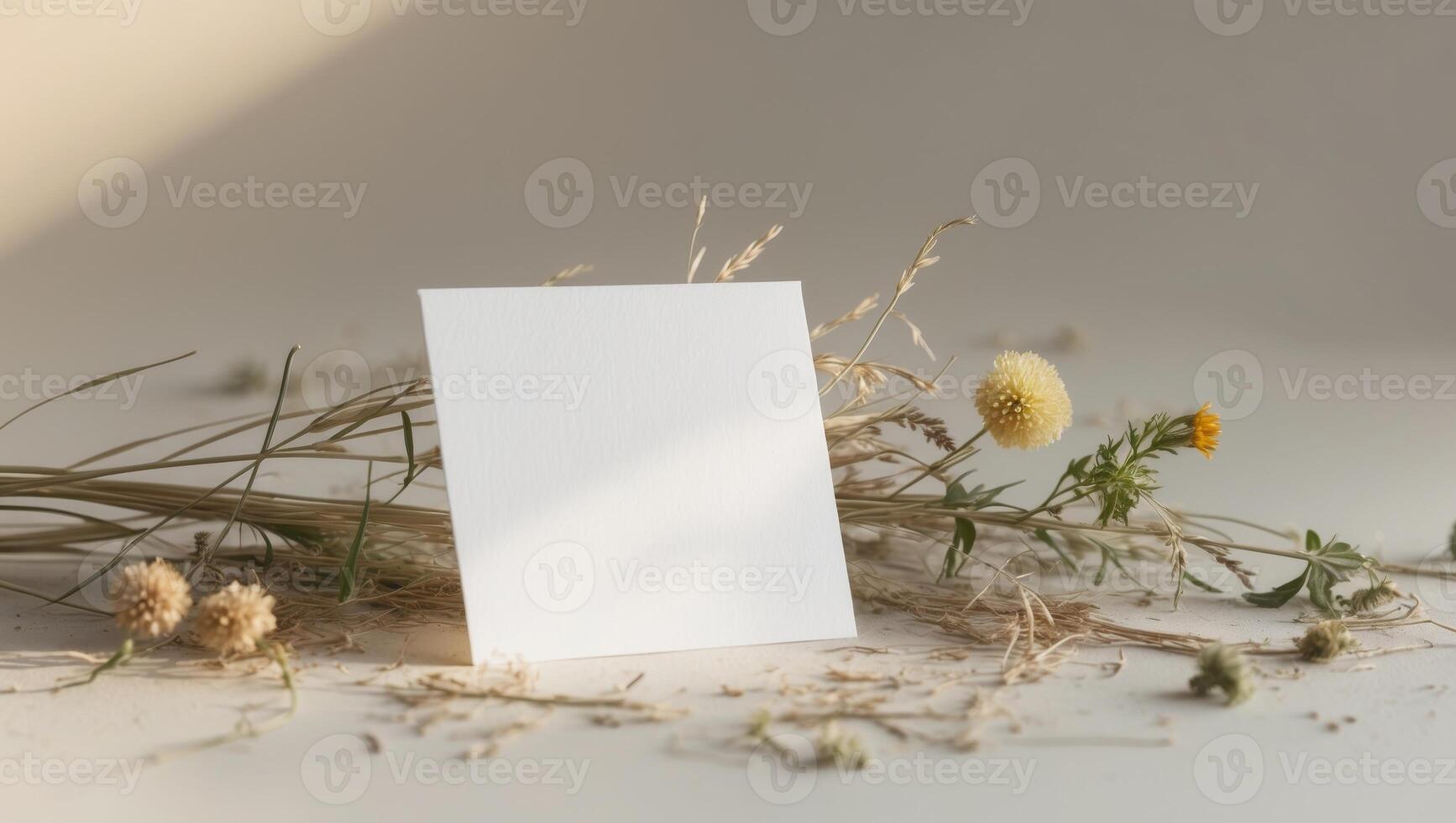 Blank card on the table with dried flowers photo