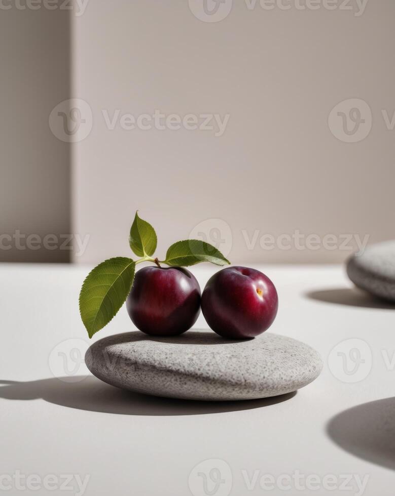 Two plums on a stone with a leaf photo