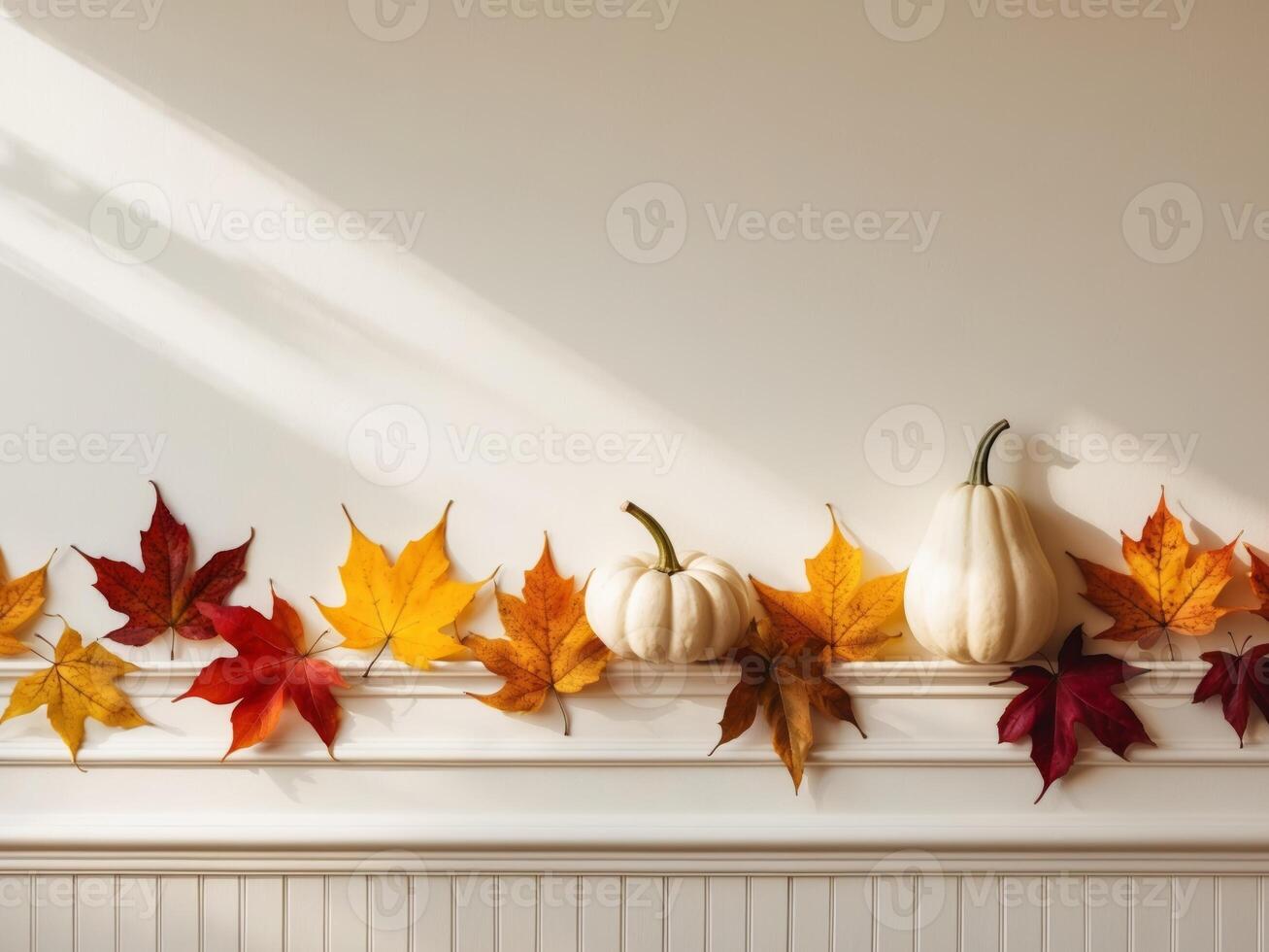 Thanksgiving autumn leaves and pumpkins on a shelf photo