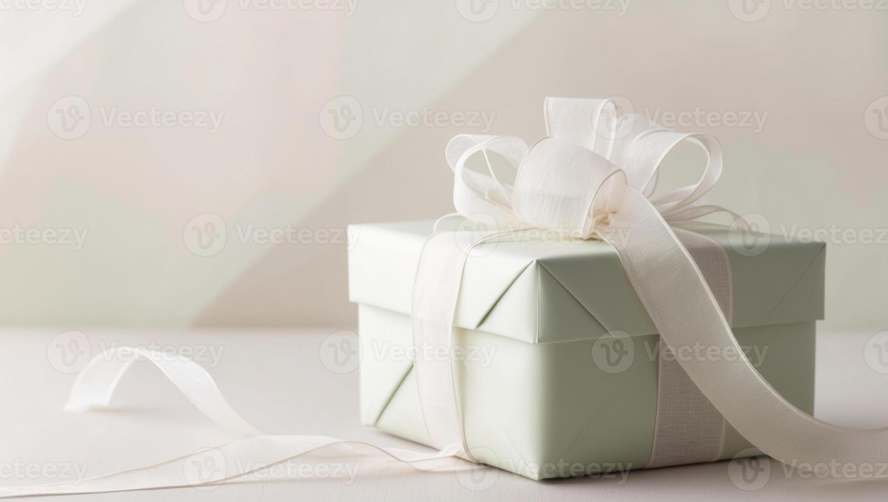 A green gift box with white ribbon and a bow photo