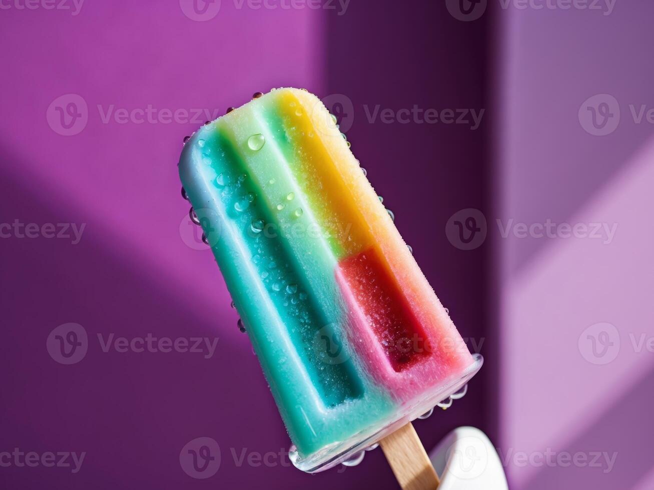 A colorful popsicle with rainbow stripes on it photo