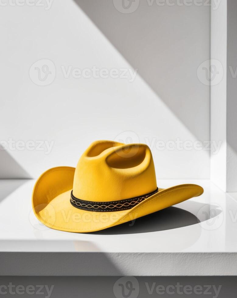 A yellow cowboy hat on a shelf in a room photo