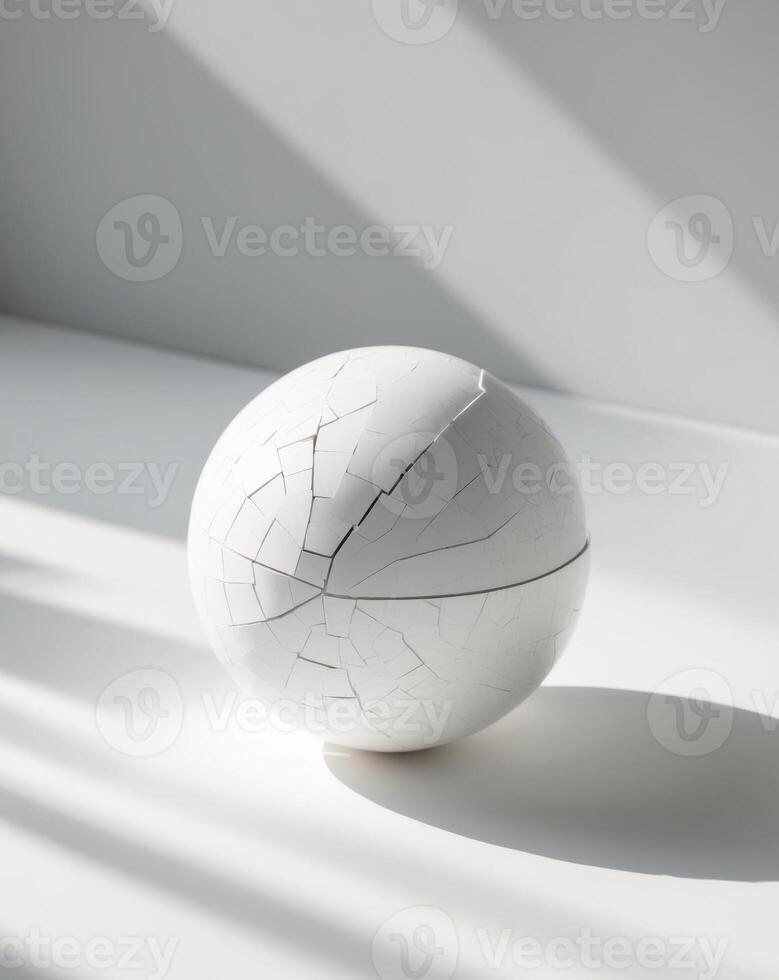 A white ball sitting on a table with a crack in it photo