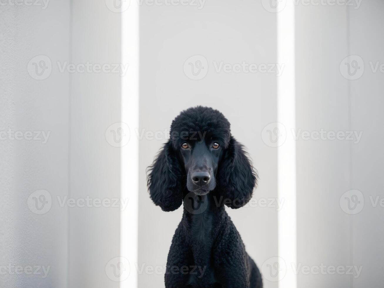 A black poodle sitting in a white room photo