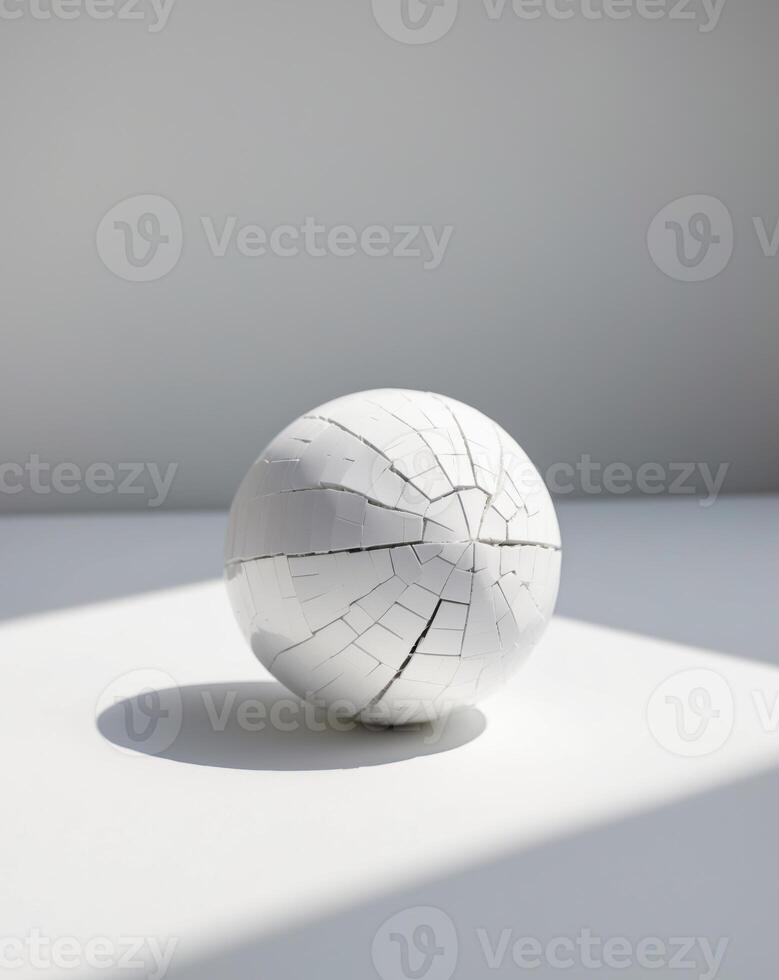 A white ball sitting on a table with a crack in it photo