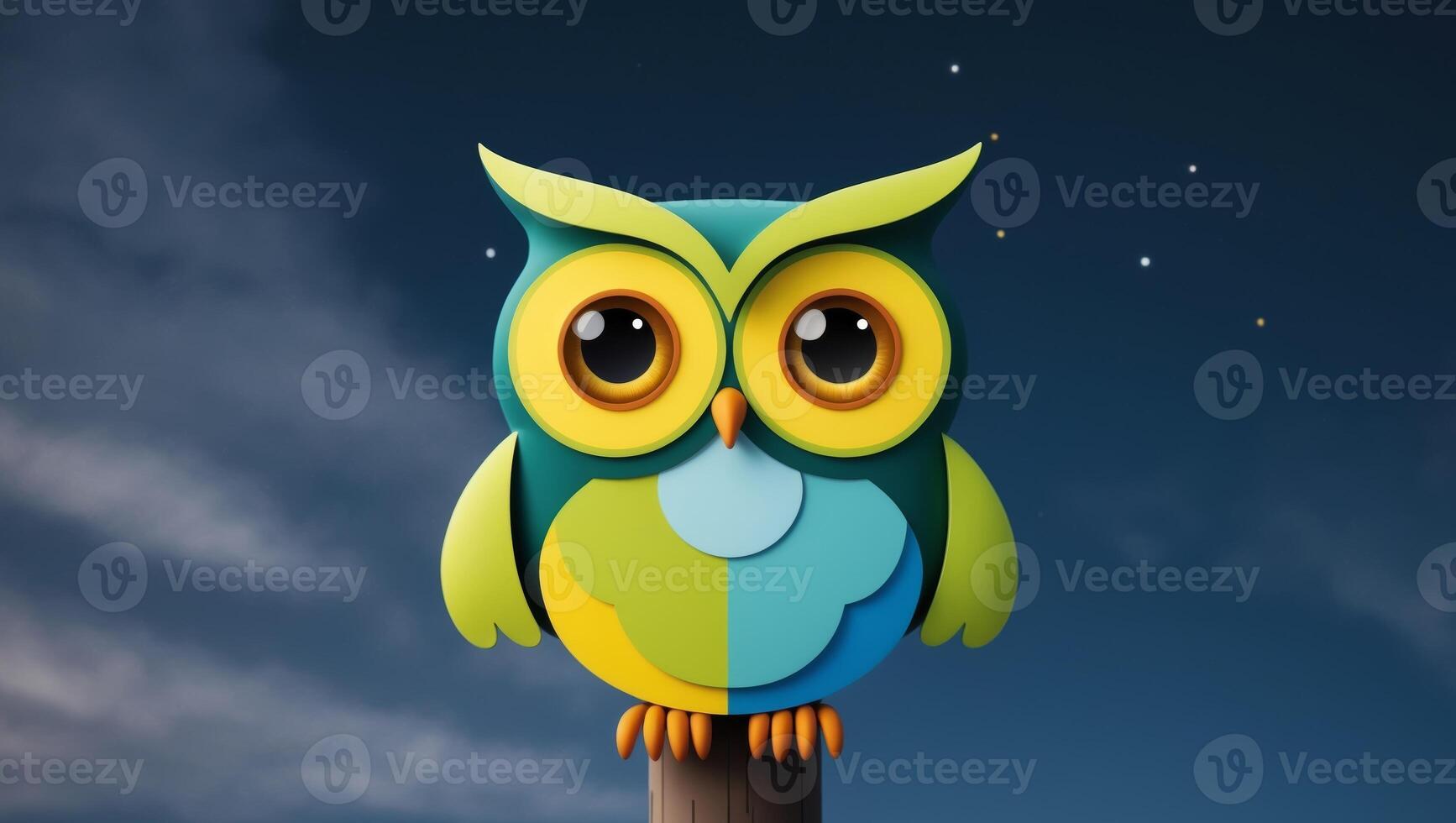 An animated owl sitting on top of a wooden post photo