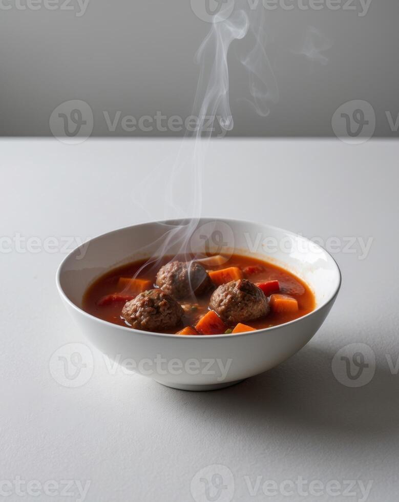 A bowl of soup with meatballs and carrots photo