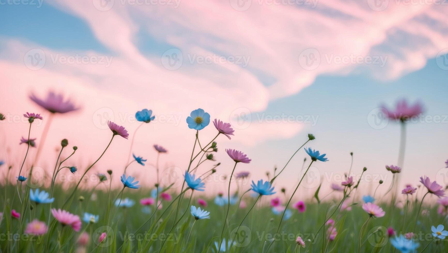 A field of blue and pink flowers with a pink sky photo