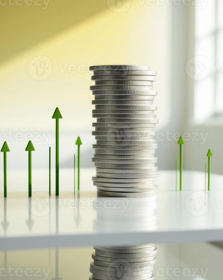 A stack of coins with arrows going up photo