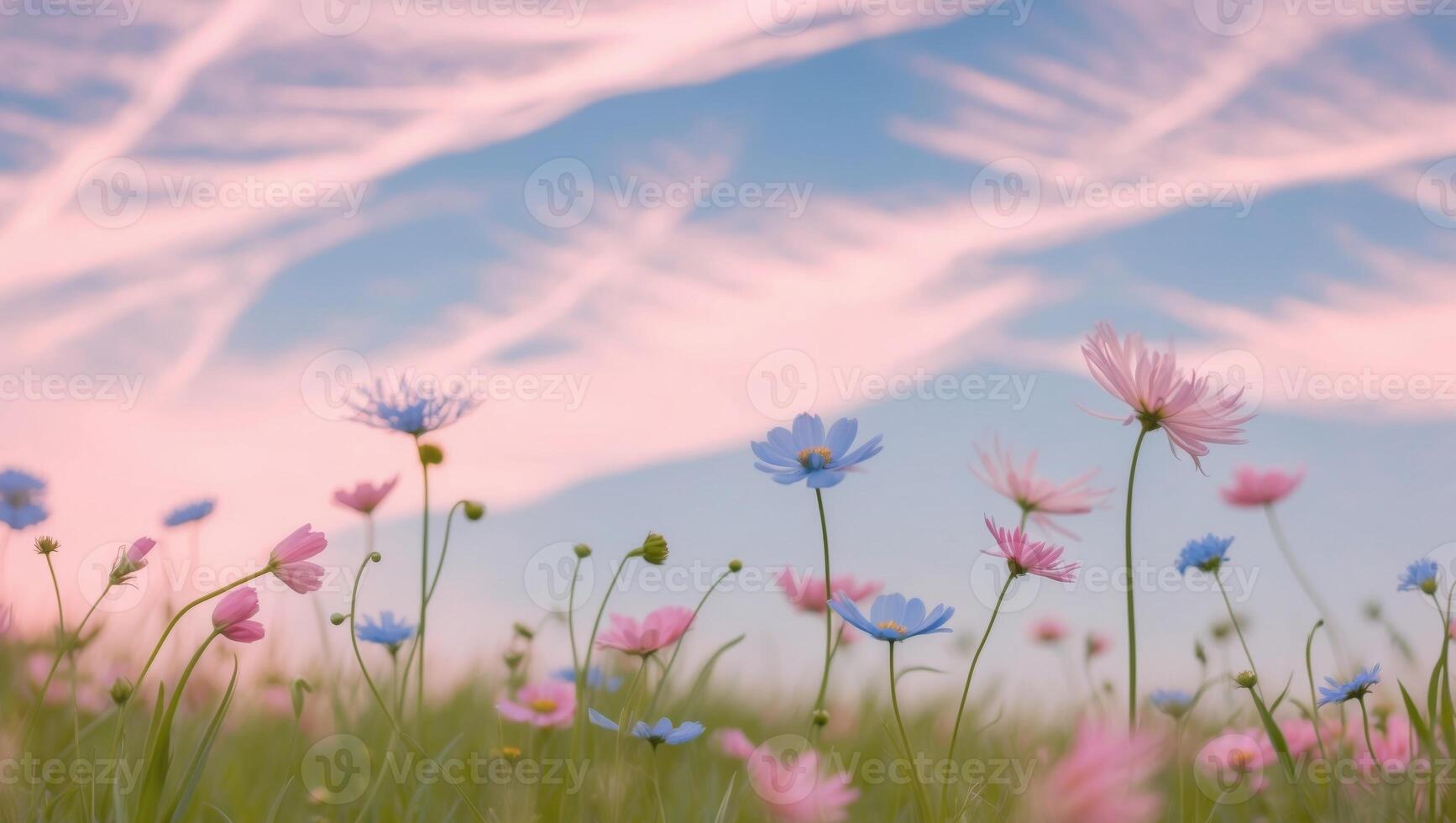 Pink and blue flowers in a field with a sky background photo