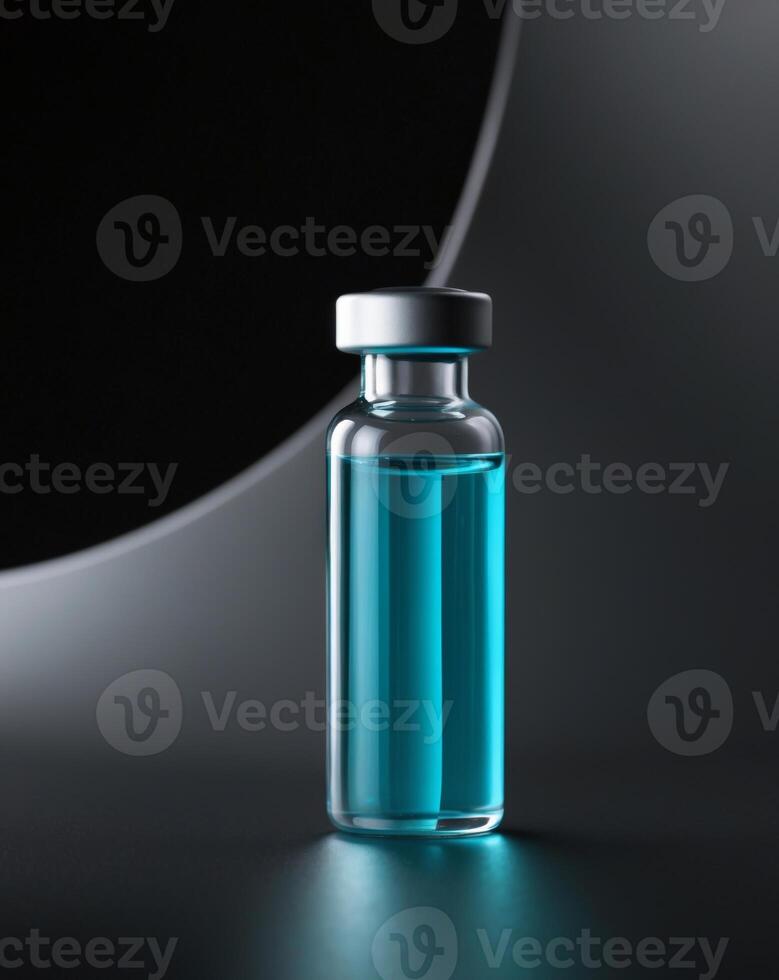 A blue vial with liquid inside on a dark background photo
