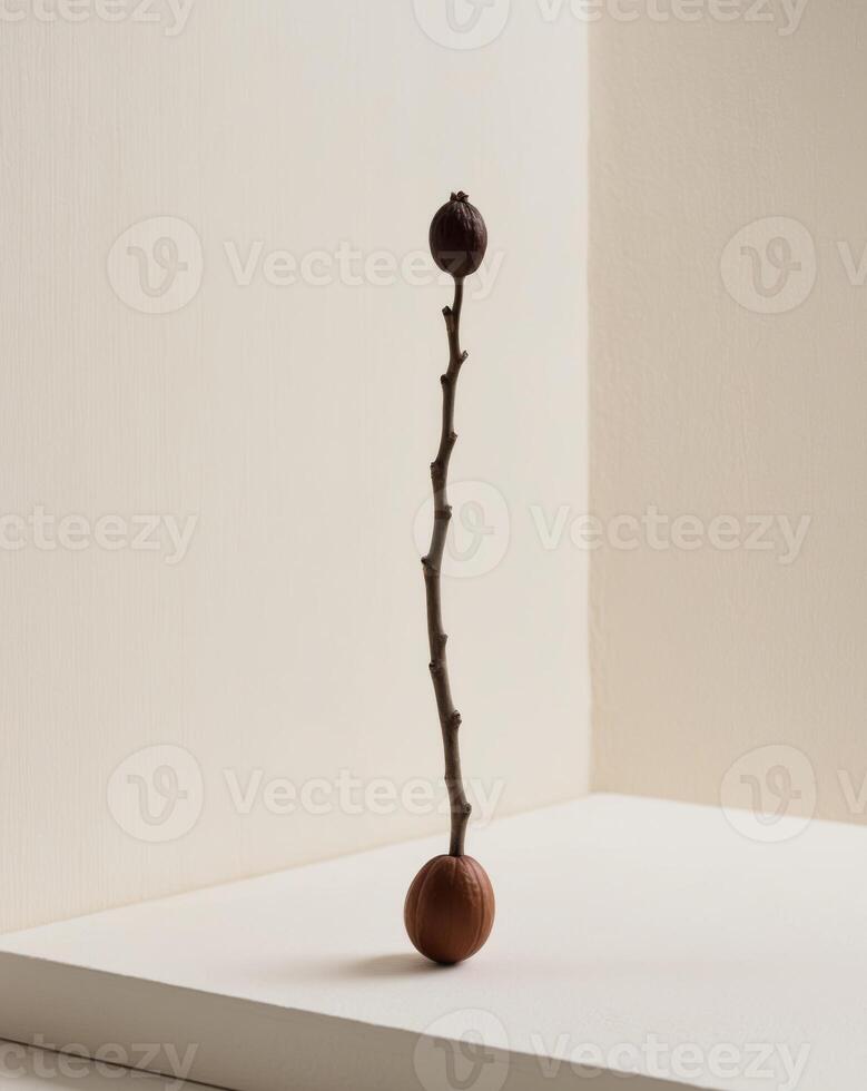 A small tree branch with a nut on top photo