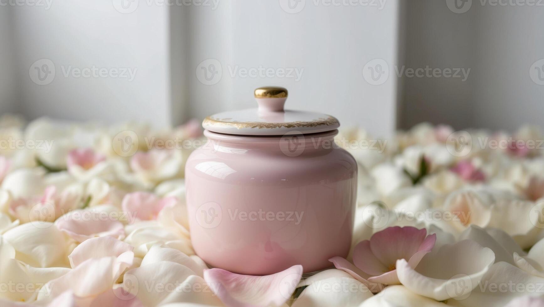 A pink jar sitting on top of white flowers photo
