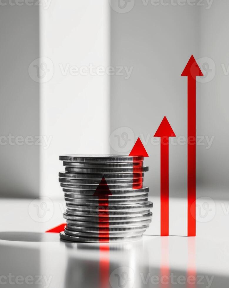 A stack of coins with arrows going up photo