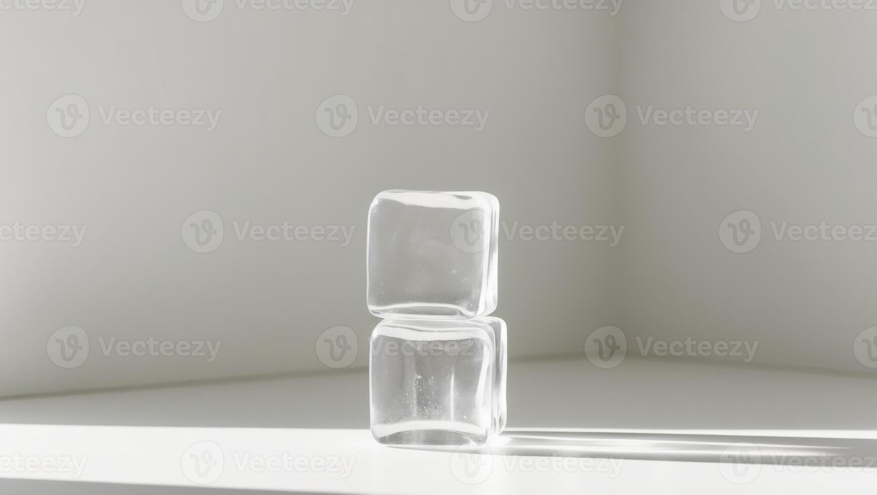 A glass cube sitting on a table in front of a white wall photo