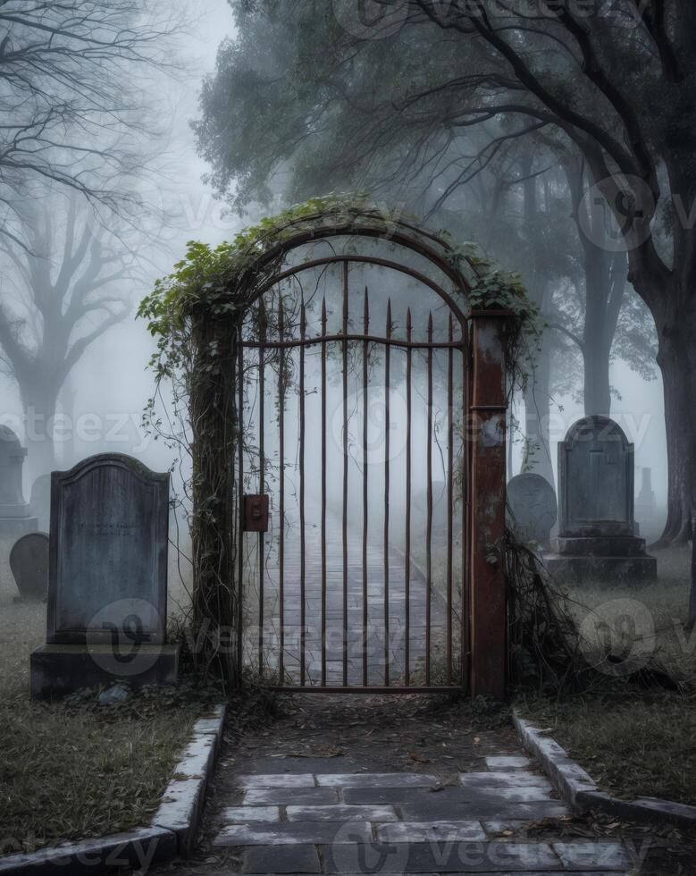A gate to a cemetery with a foggy gate photo