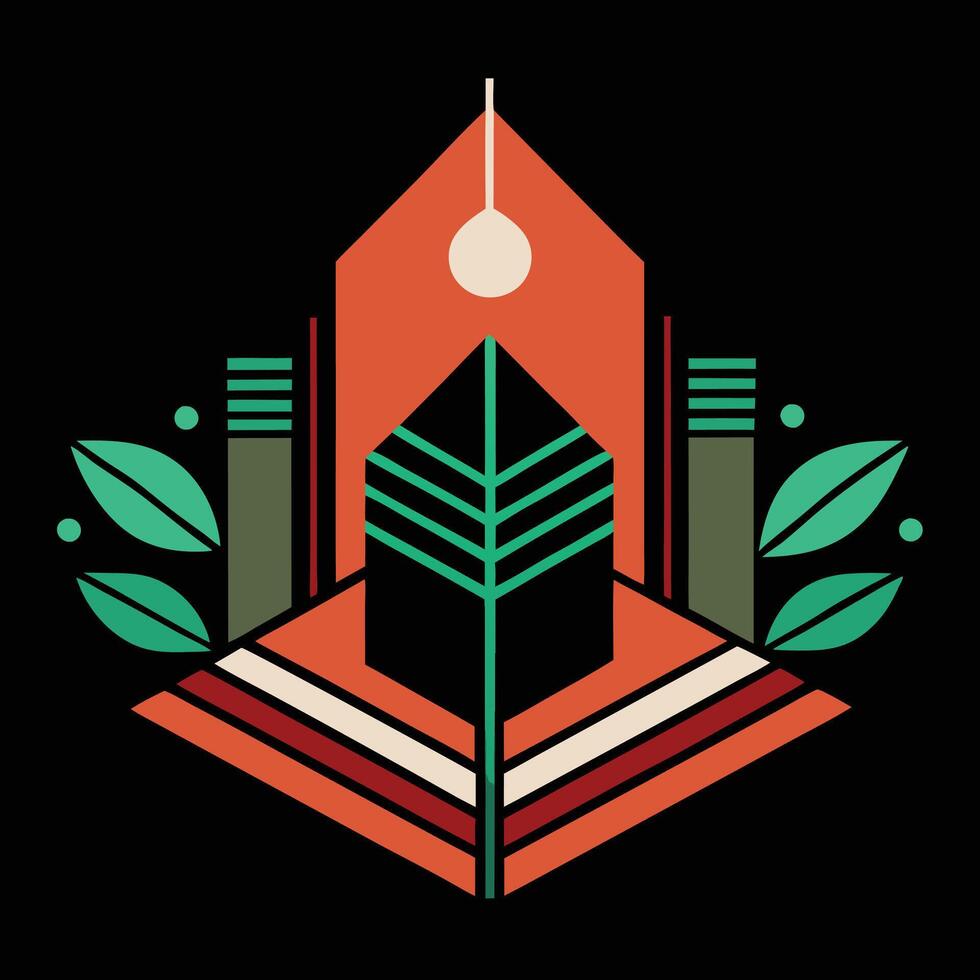 A green and orange building with a leaf on it vector