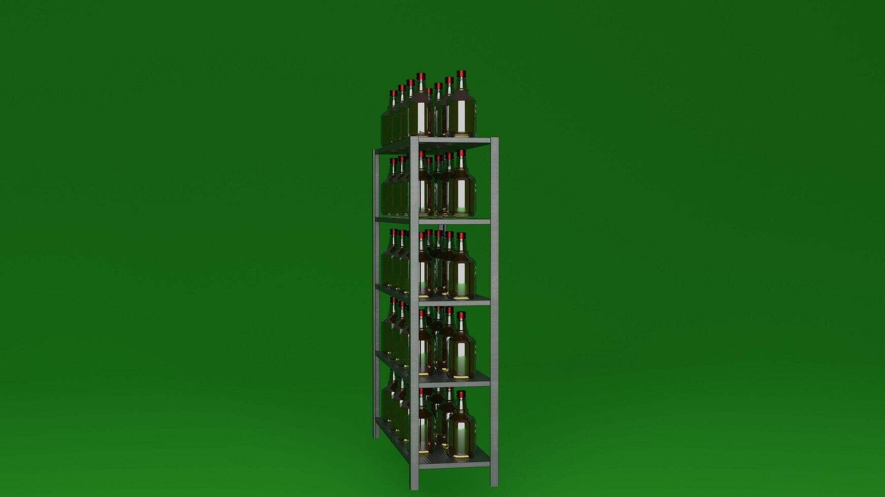 A green background with a metal rack holding wine bottles photo