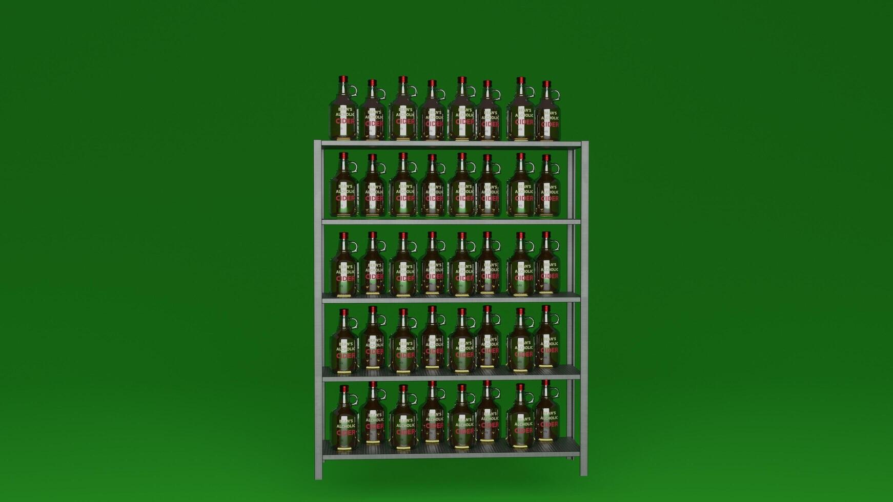 A shelf full of beer bottles on a green background photo
