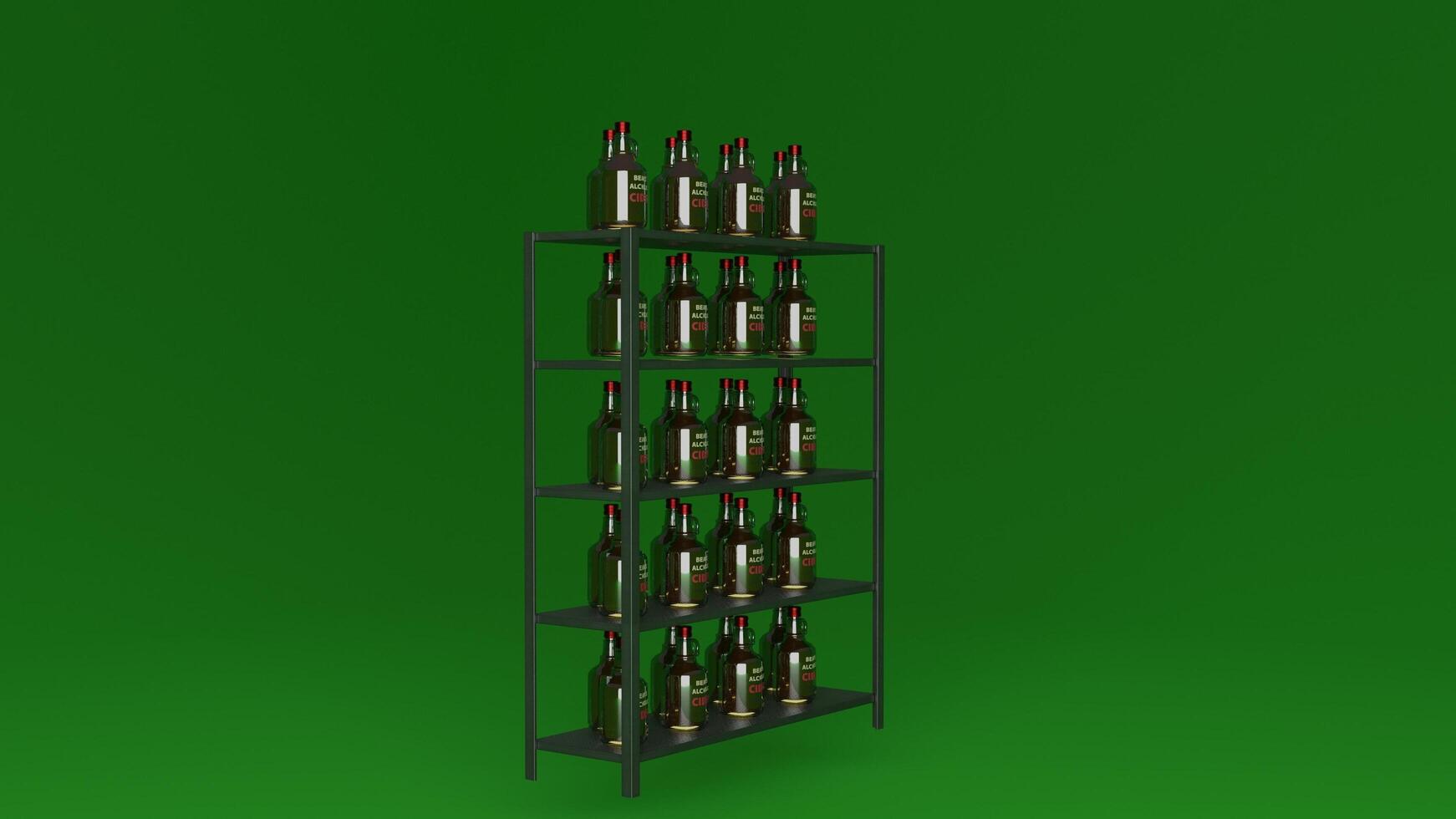 A green background with a shelf full of bottles photo
