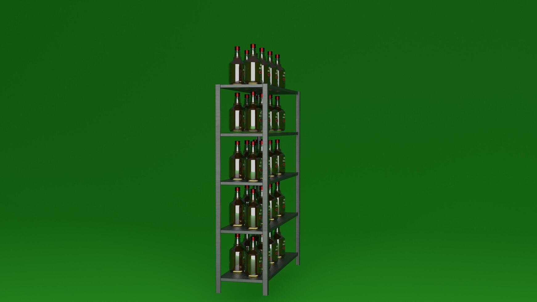 A green background with a tall rack of wine bottles photo