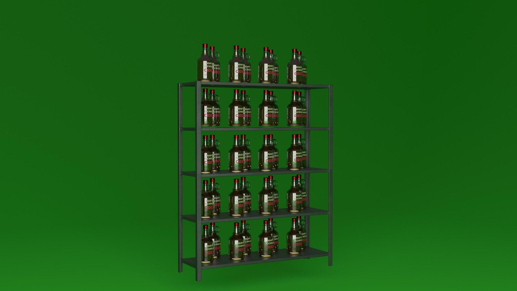A shelf with bottles of beer on a green background photo