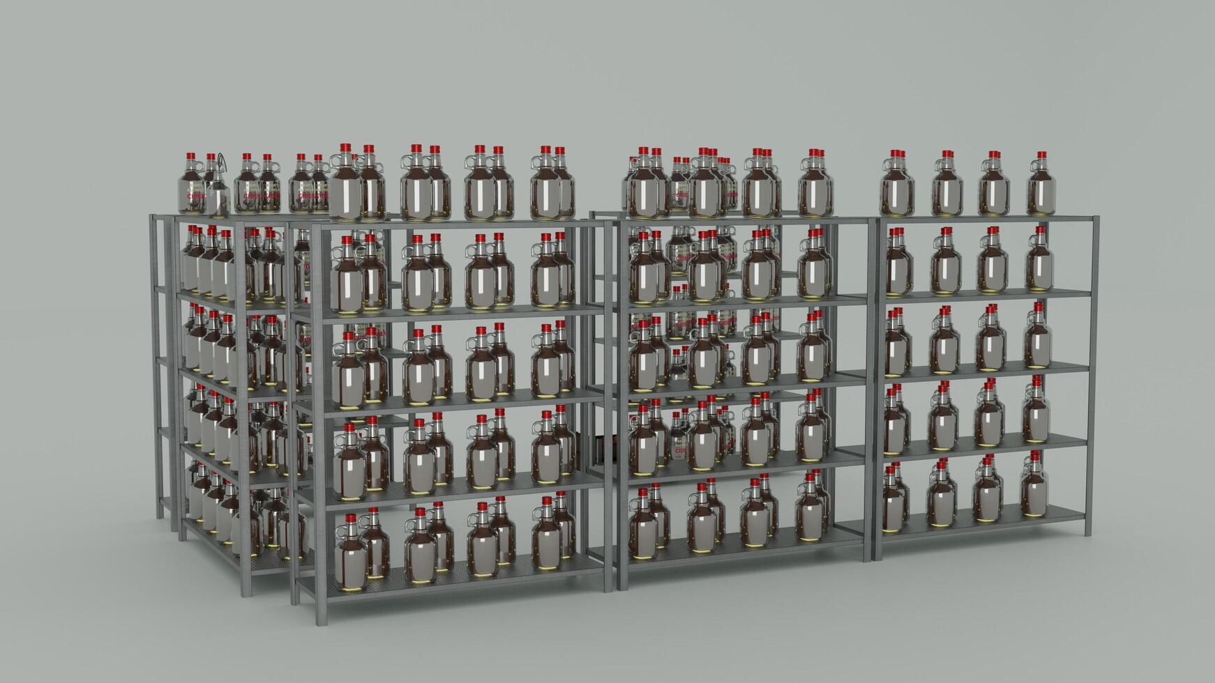 A rack of bottles with red tops on them photo