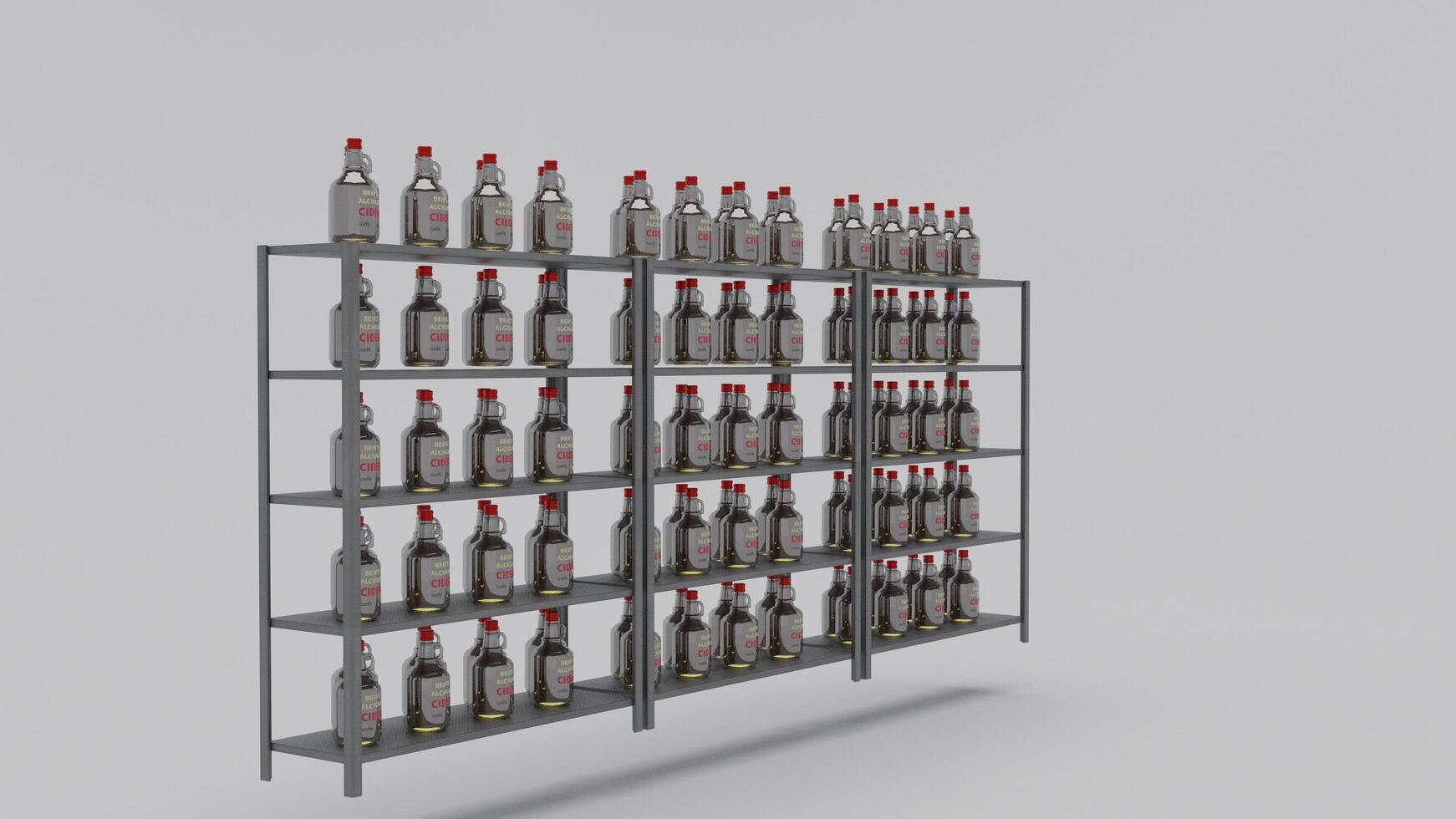 A shelf with bottles on it in a gray room photo