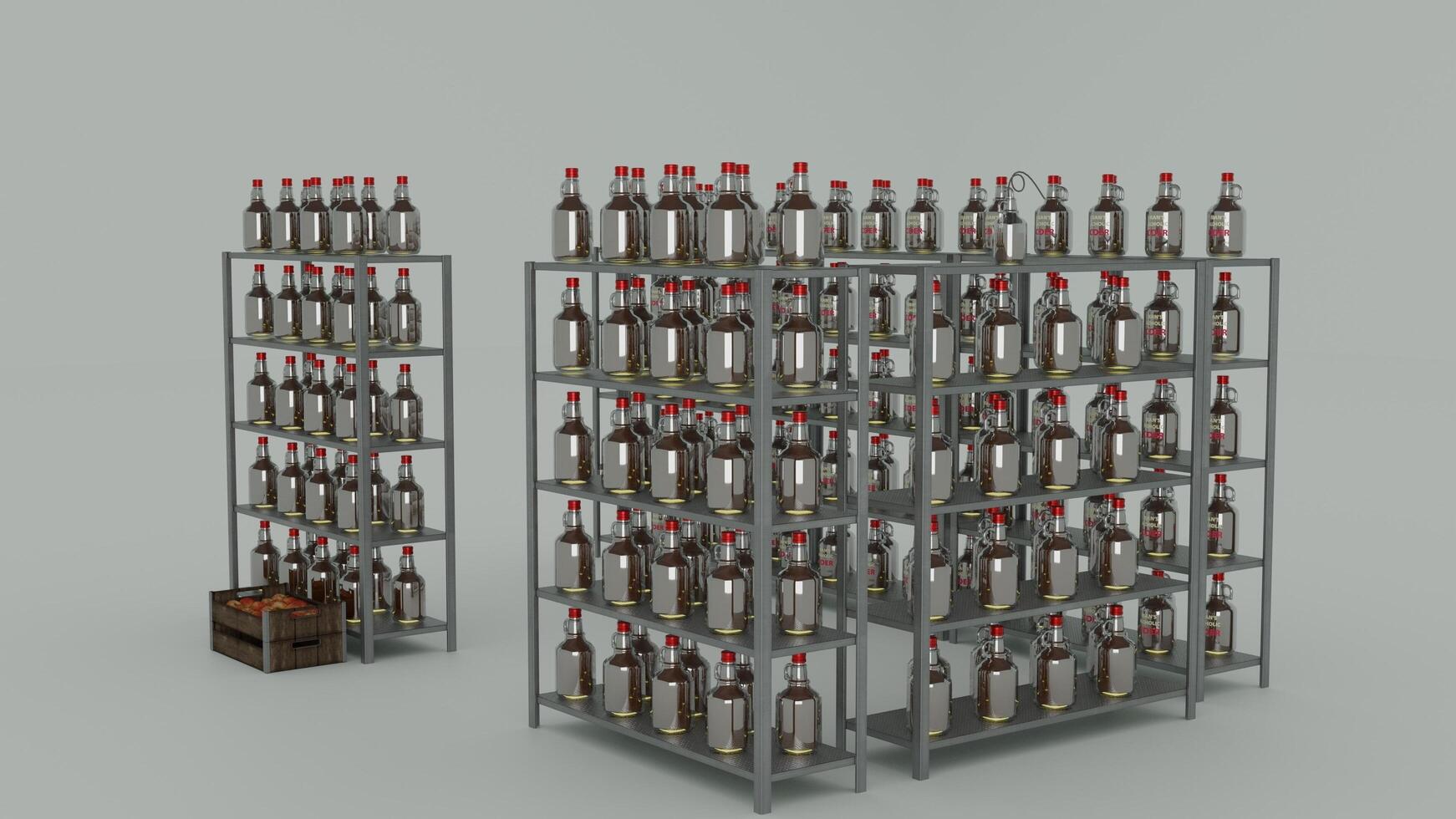A rack of bottles with red tops on them photo